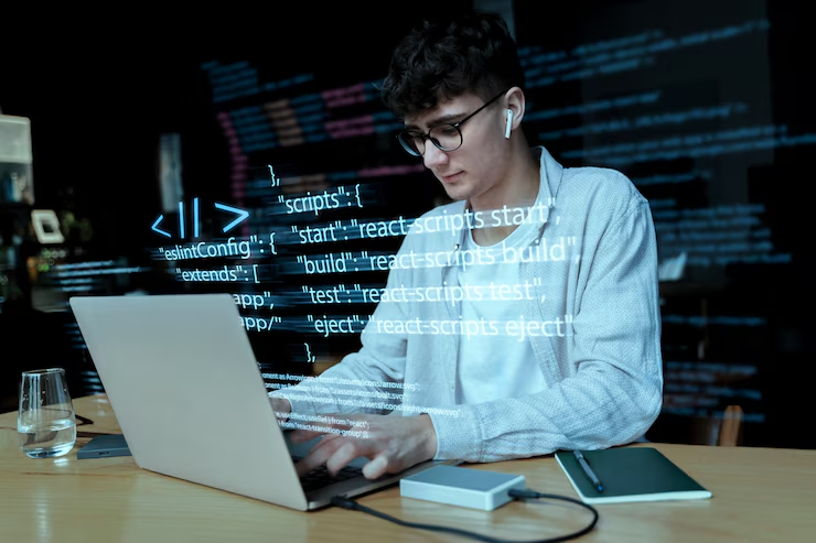 A computer screen displaying Python code snippets that highlight key syntax elements like variables, functions, and loops, alongside a chart showing Python data types such as strings, integers, lists, dictionaries, and tuples.