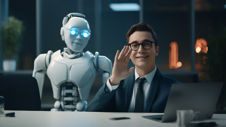 Illustration of a robot interacting with digital elements, symbolizing an AI agent processing information