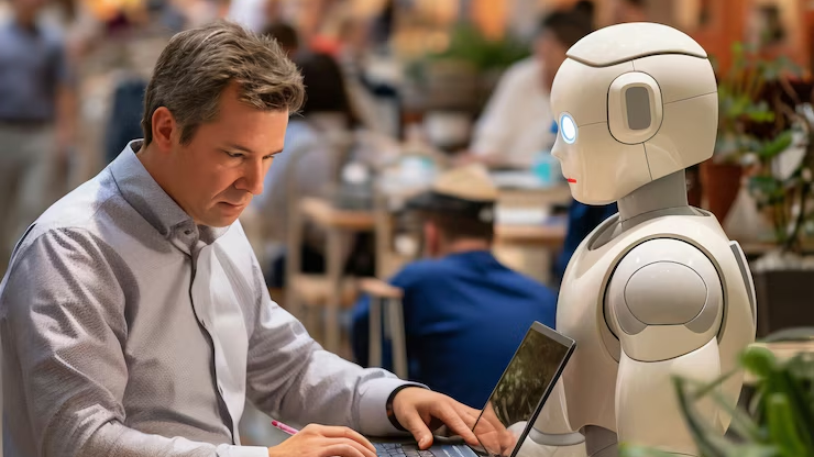Illustration of a small business owner using AI tools on a laptop, with icons representing efficiency, automation, and customer engagement.