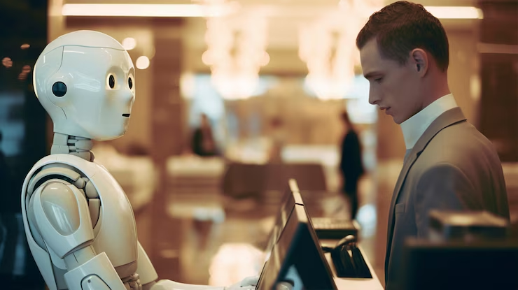 Robot with AI brain doing basic tasks like sorting emails or playing music